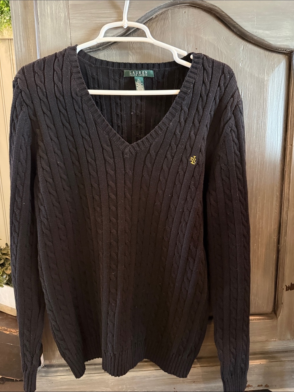 Polo by Ralph Lauren Black Cable-Knit V-Neck Sweater with Gold Logo